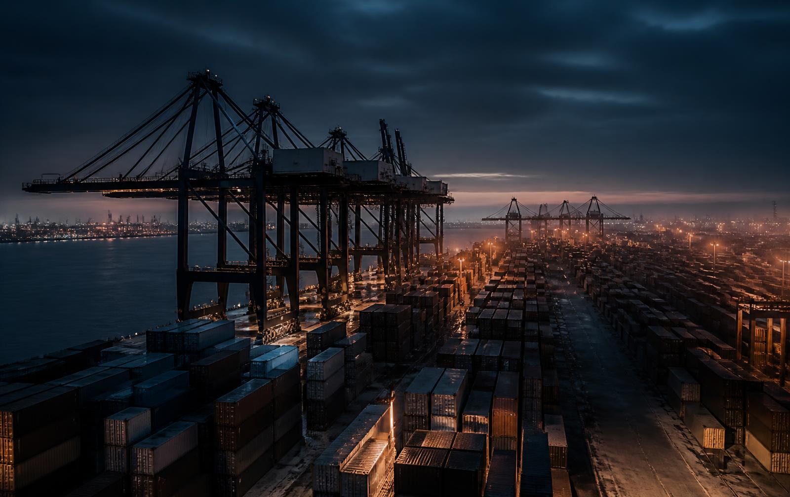 Porto de contêineres com guindastes ao anoitecer